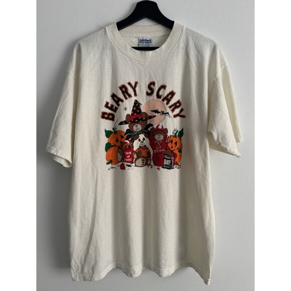 Vtg 90s JERZEES Trick Or Treat Beary Scary Funny Graphic T-Shirt Sz XL Witch - Picture 1 of 4